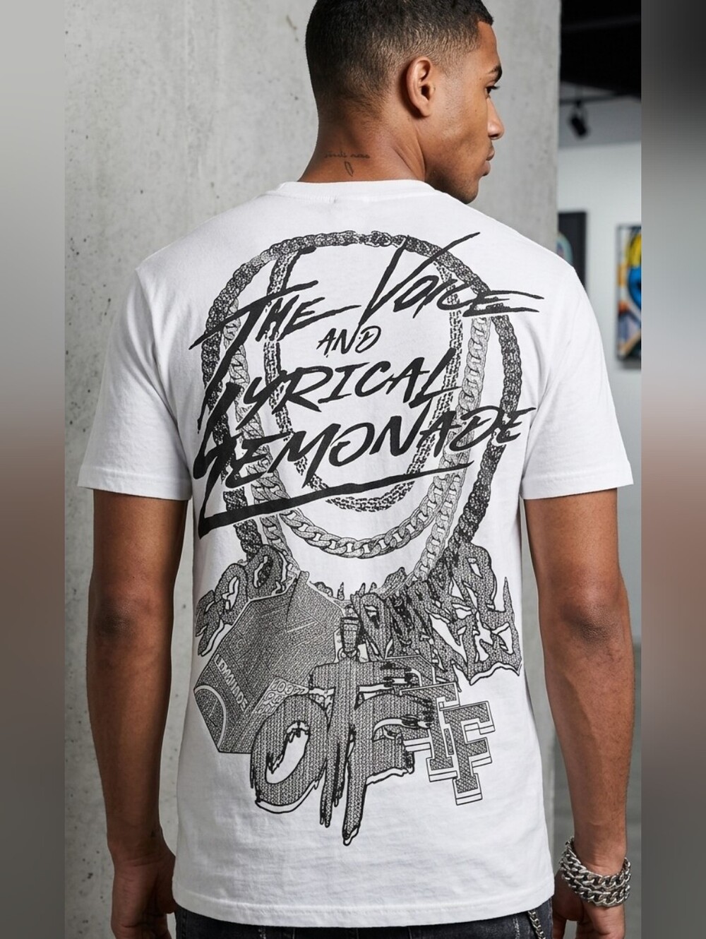 Graphic White Tee with Lyrical Lemonade on front.